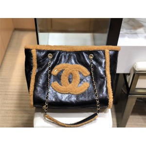 CHANEL官网香奈儿女包正品专柜真皮羊毛CC LOGO毛绒购物袋AS1167