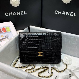 CHANEL香奈儿官方旗舰店经典款中古系列鳄鱼纹牛皮双C翻盖链条包A86066