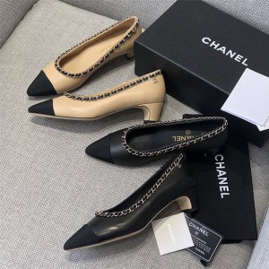 CHANEL香奈儿官方旗舰店代购真皮金属链条装饰尖头皮鞋粗跟高跟鞋